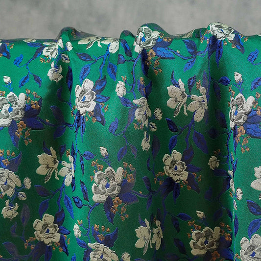 Green Camellia Jacquard Brocade Satin Fabric ��� Floral Textile for Dresses, Costumes & Home Dec"Wide