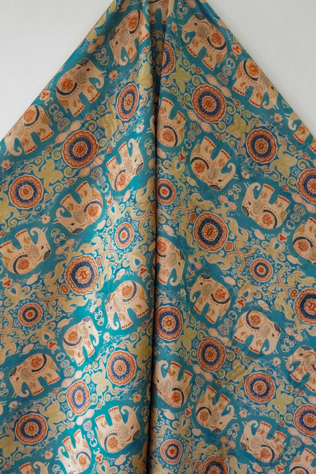 Lucky Elephant Tea Silk Satin Fabric: 59"W Green Upholstery