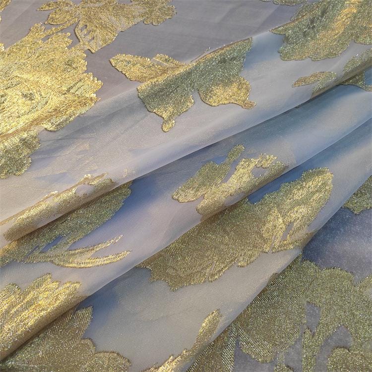 Gold Thread Jacquard Organza Fabric: 3D Embossed Texture, 57" Wide