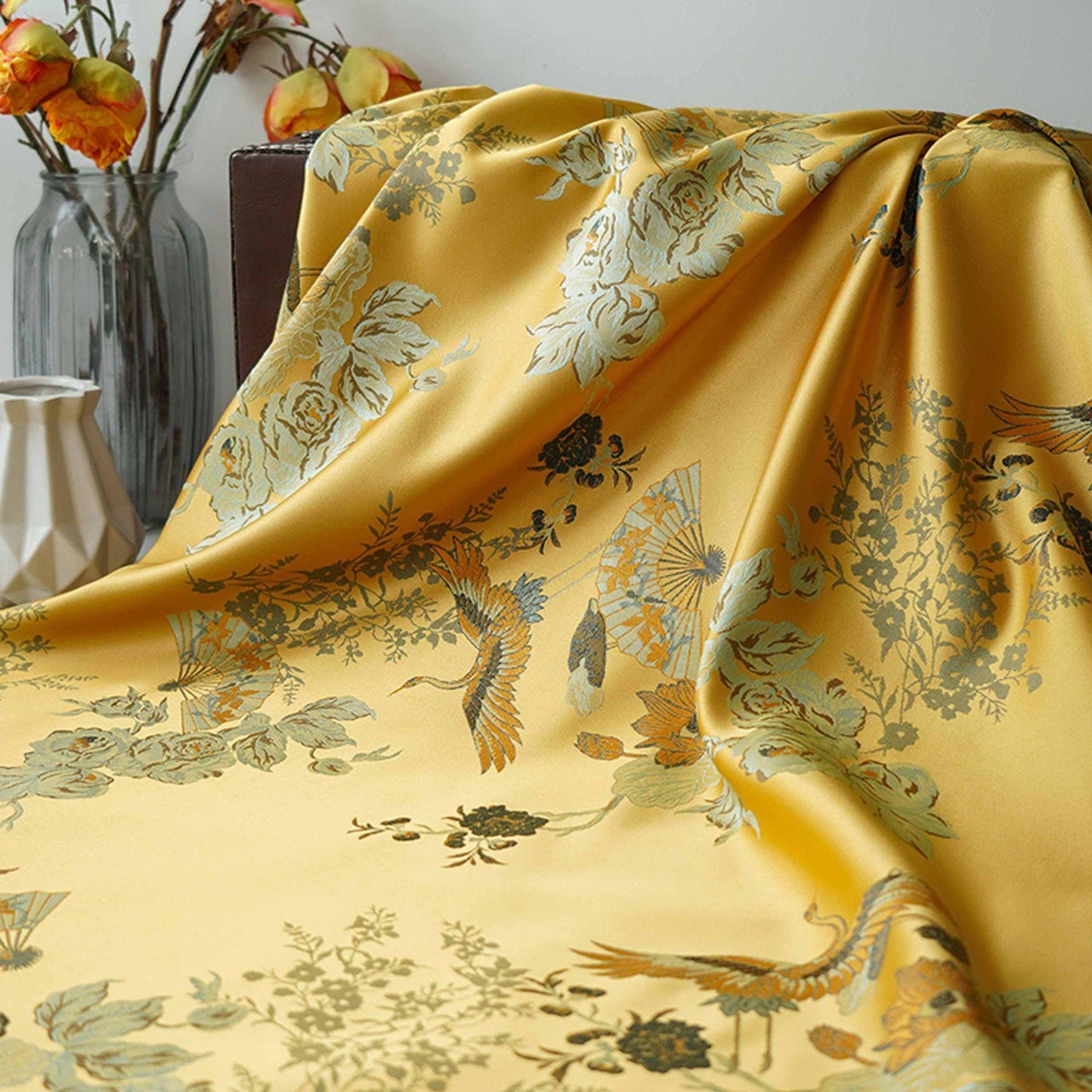 Gold Crane Brocade Fabric: 59"W Rayon Cheongsam Qipao Material