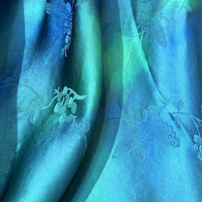 Teal & Blue Floral Mulberry Silk Fabric: 55"W Digital Print