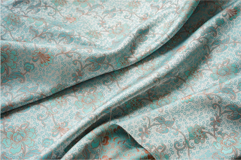Ice Blue Floral Brocade Fabric: 59"W Chinese Style Polyester