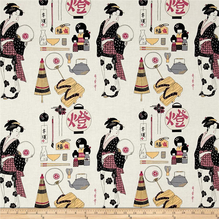 Geisha Dance Print Fabric: Japanese Cotton Spandex Blend