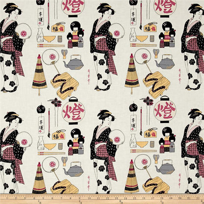 Geisha Dance Print Fabric: Japanese Cotton Spandex Blend