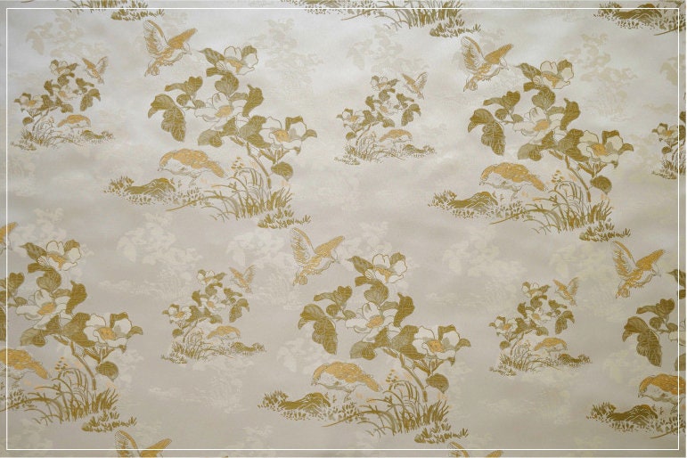 Floral Bird Print Fabric: Gold Thread Woven Polyester, 59" Wide