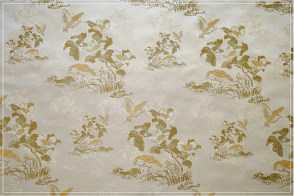 Floral Bird Print Fabric: Gold Thread Woven Polyester, 59" Wide