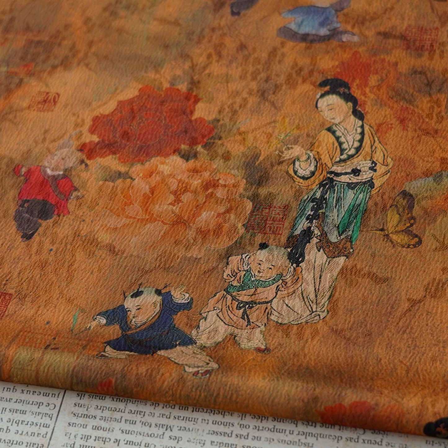 Ancient Family Tea Silk Satin Fabric: Digital Print, 59"W