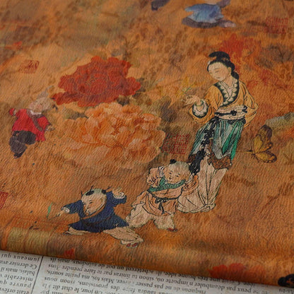 Ancient Family Tea Silk Satin Fabric: Digital Print, 59"W