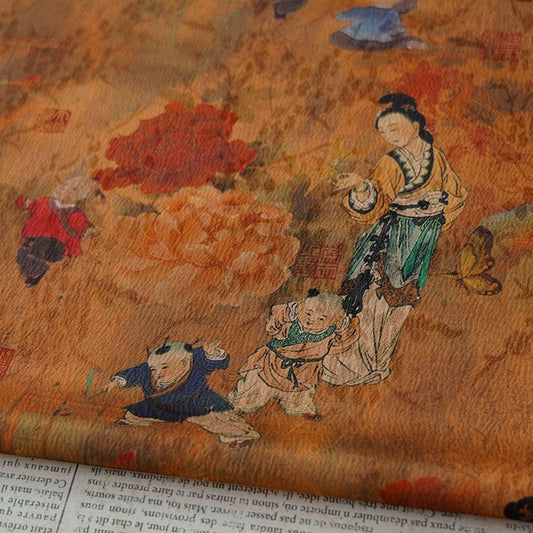 Ancient Family Tea Silk Satin Fabric: Digital Print, 59"W