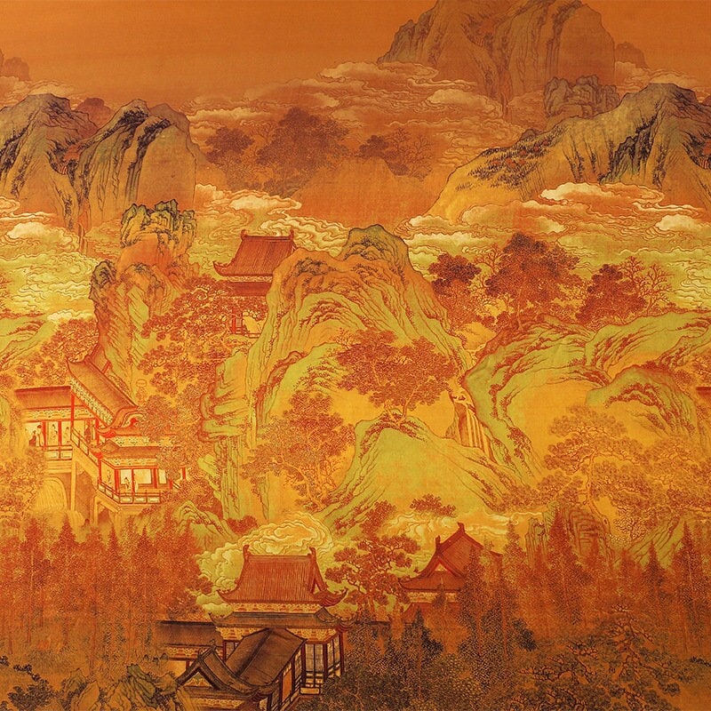 Tissu imprimé paysage ancien : 150 cm de large, polyester et élasthanne