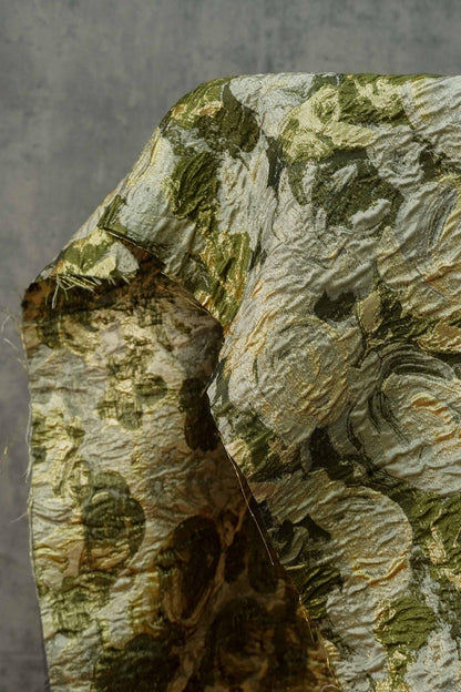 Green Jacquard Woven Fabric: 3D Gold Thread Embossed Texture, 57" Wide