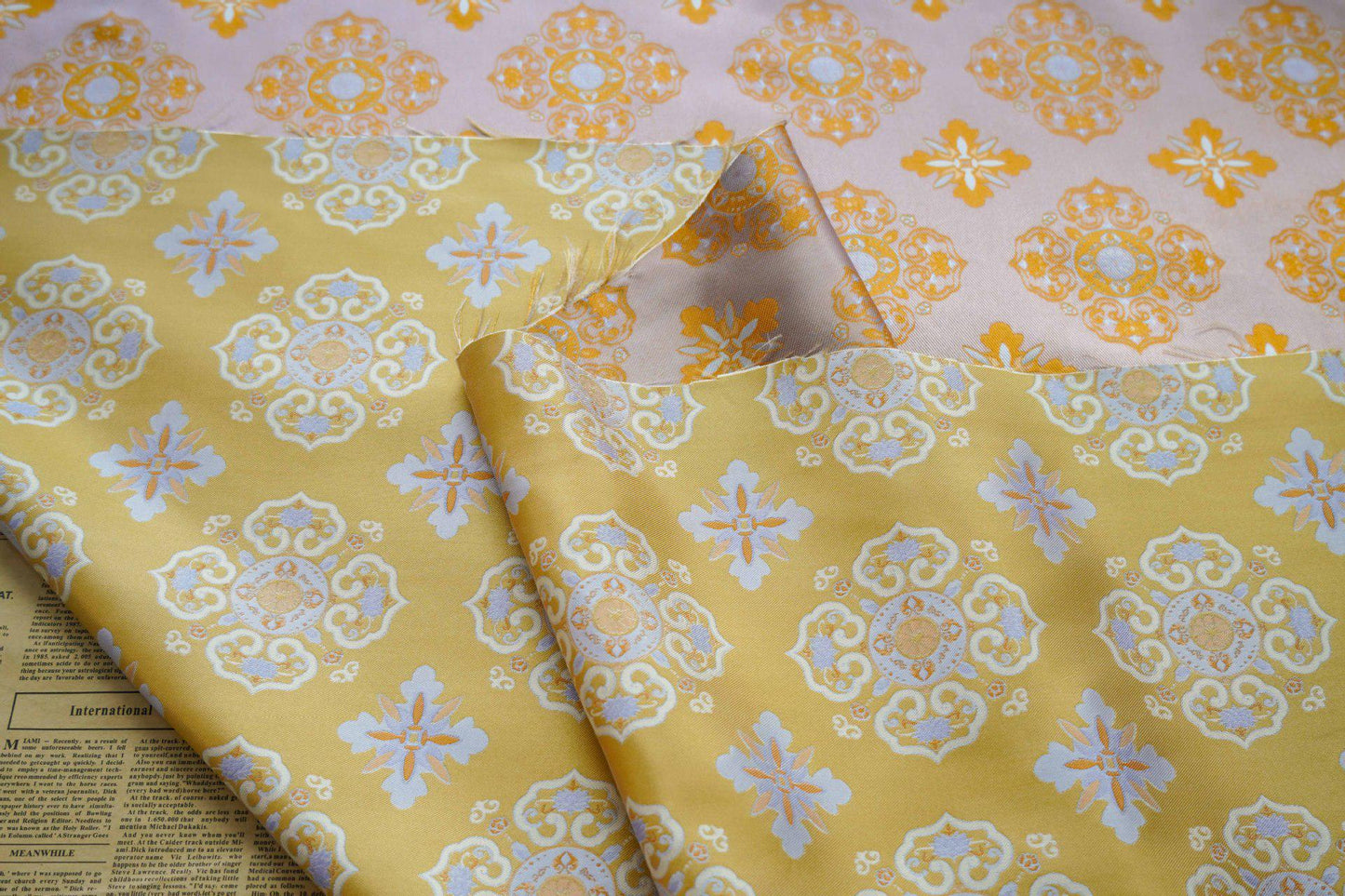 Yellow Silk Brocade Fabric: Chinese Floral Pattern, 59" Wide