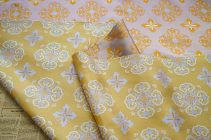 Yellow Silk Brocade Fabric: Chinese Floral Pattern, 59" Wide