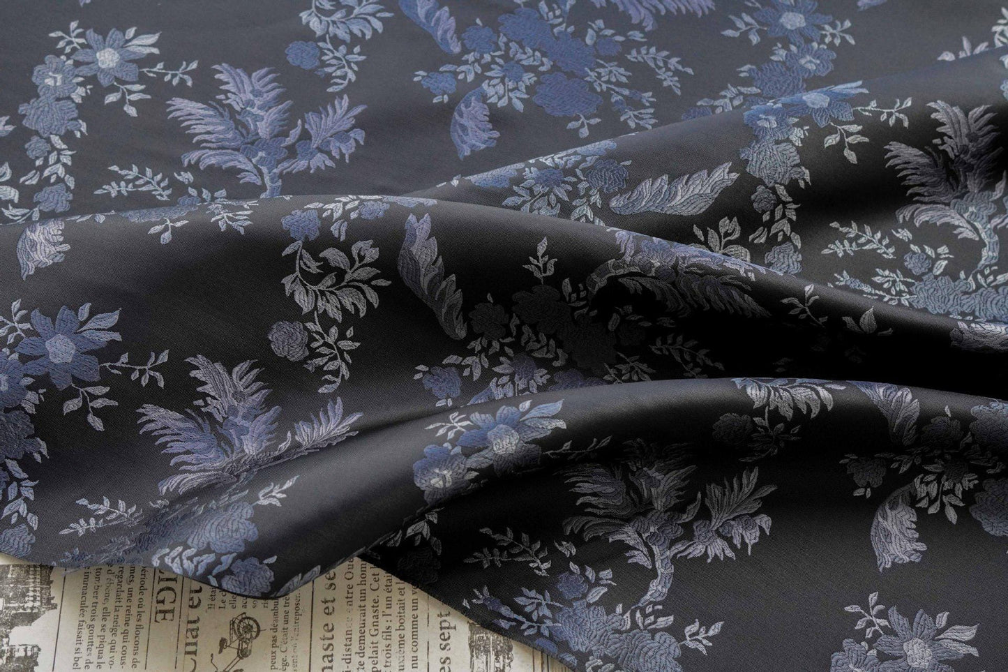 Luxury European-Style Black Jacquard Fabric with Floral Pattern, 62"Wide