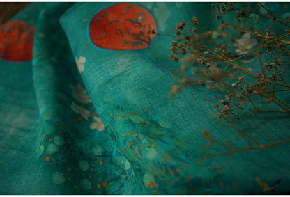 Jade Green Ramie Fabric: Floral Cheongsam Qipao Textile, 55"W