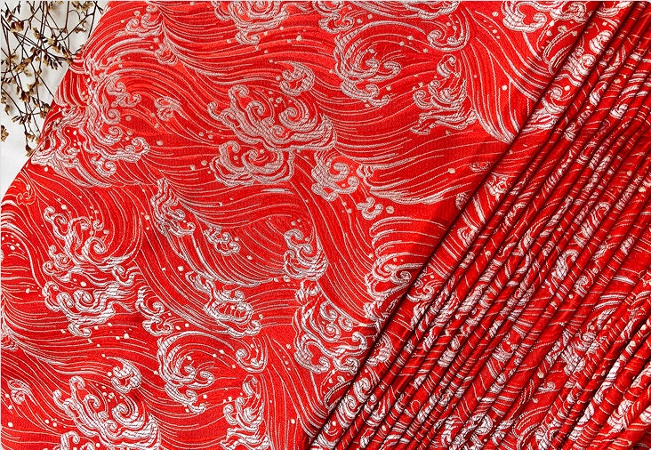 Tissu brocart Vagues Océanes : Jacquard de soie et rayonne (75 cm)