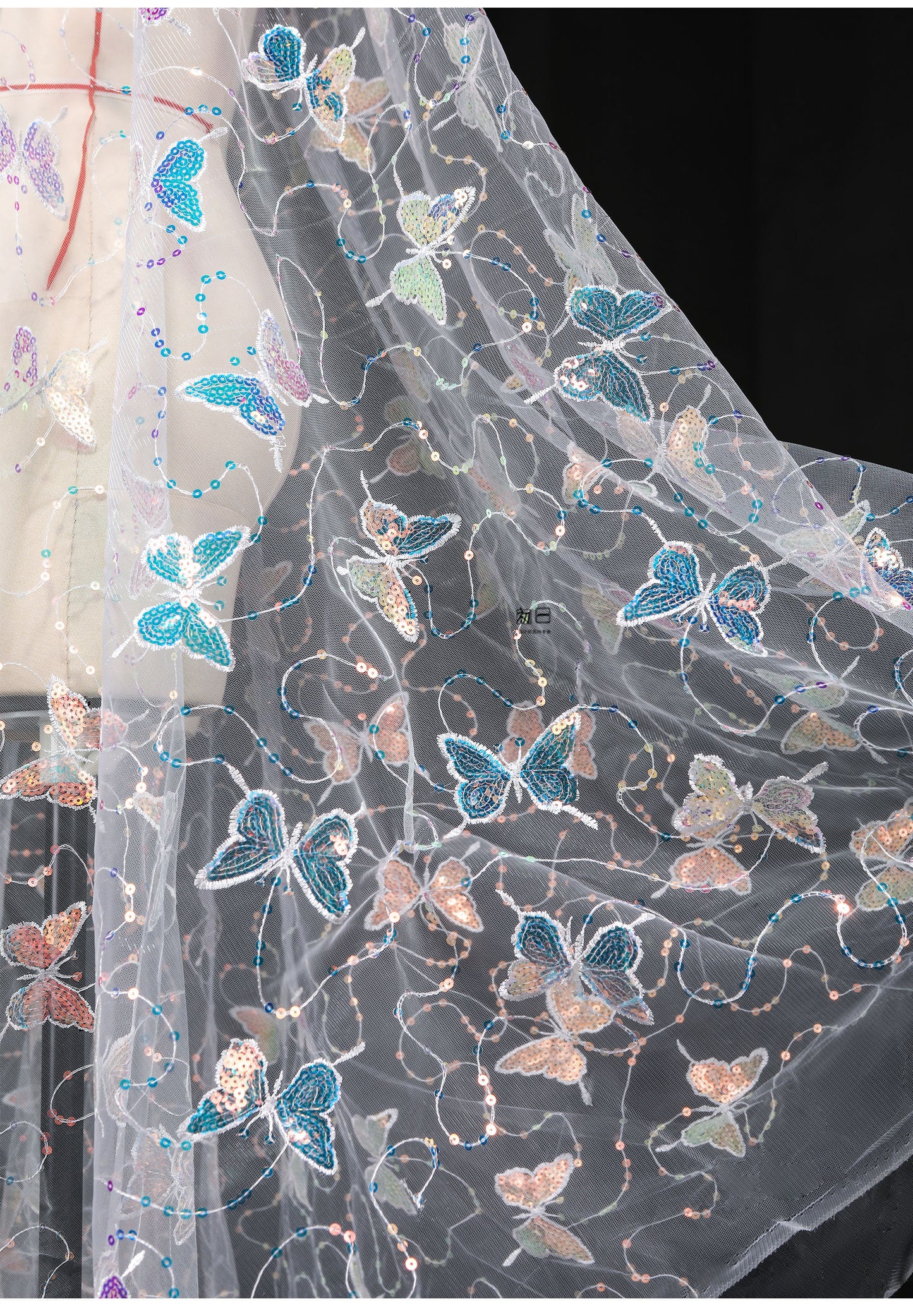 Butterfly Sequin Embroidered Mesh Fabric, See-Through Designer Fabric