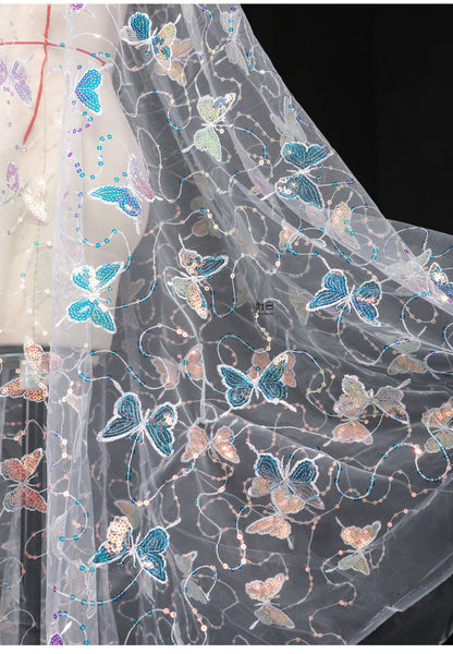Butterfly Sequin Embroidered Mesh Fabric, See-Through Designer Fabric