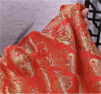 Red & Gold Phoenix Jacquard Satin Brocade Fabric - Chinese Wedding Dress