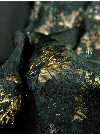 Green & Gold Textured Jacquard Fabric | 3D Embossed Brocade, 55" Wide