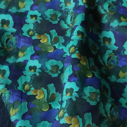 Floral Ramie Fabric: Blue Purple Oil Painting Print, 57" Wide