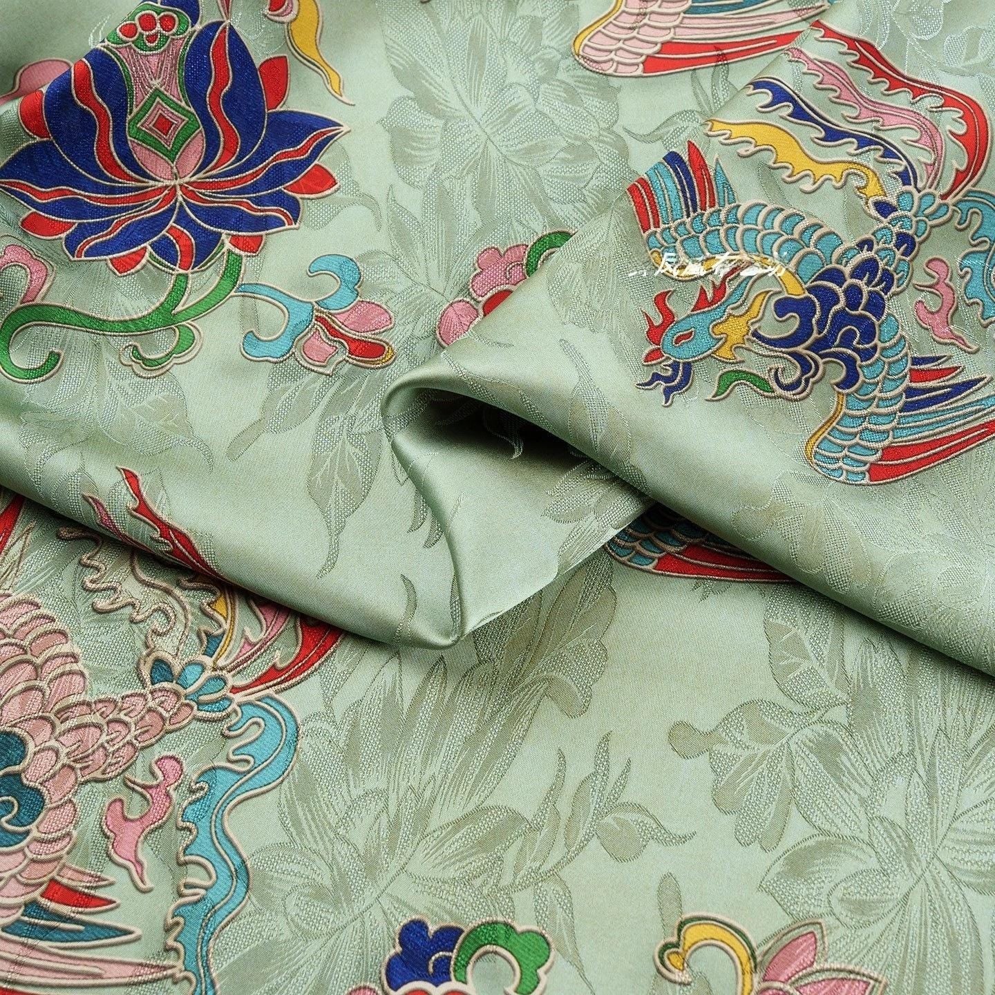 Tissu brocart de soie Phoenix & Lotus : Cheongsam vert clair, costume Tang, Hanfu