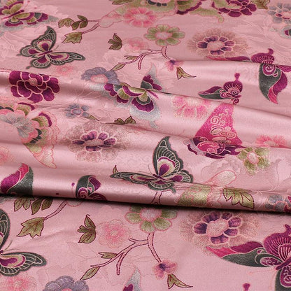Floral Butterfly Print Fabric: Gambiered Canton Gauze Tea Silk, pink, orange, purple