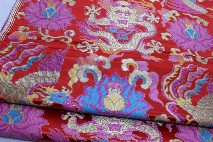 Red Dragon Brocade Fabric: Chinese Mongolian Style Silk Rayon Jacquard