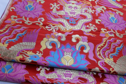 Red Dragon Brocade Fabric: Chinese Mongolian Style Silk Rayon Jacquard