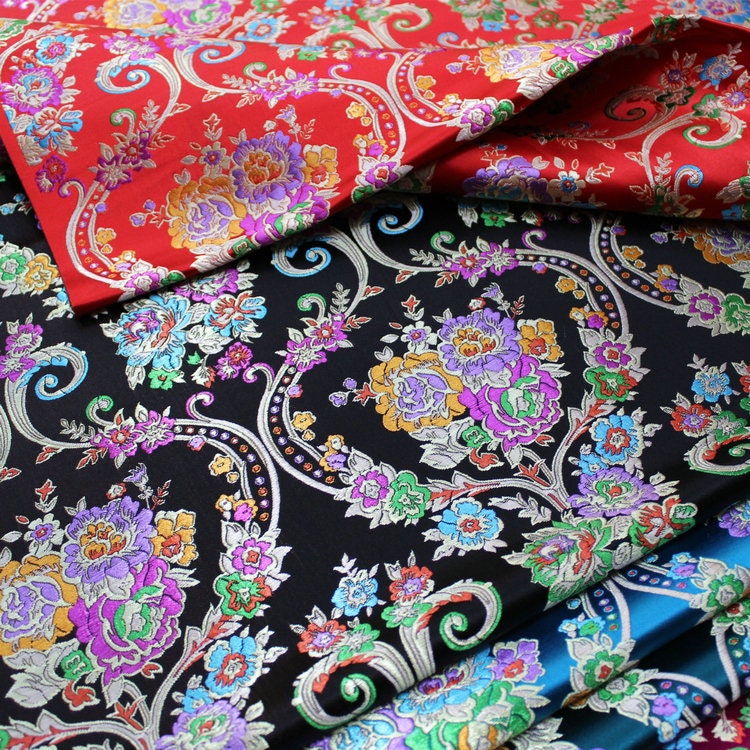 Tissu brocart à motifs floraux : 75 cm de large, style tibétain vintage, soie et rayonne