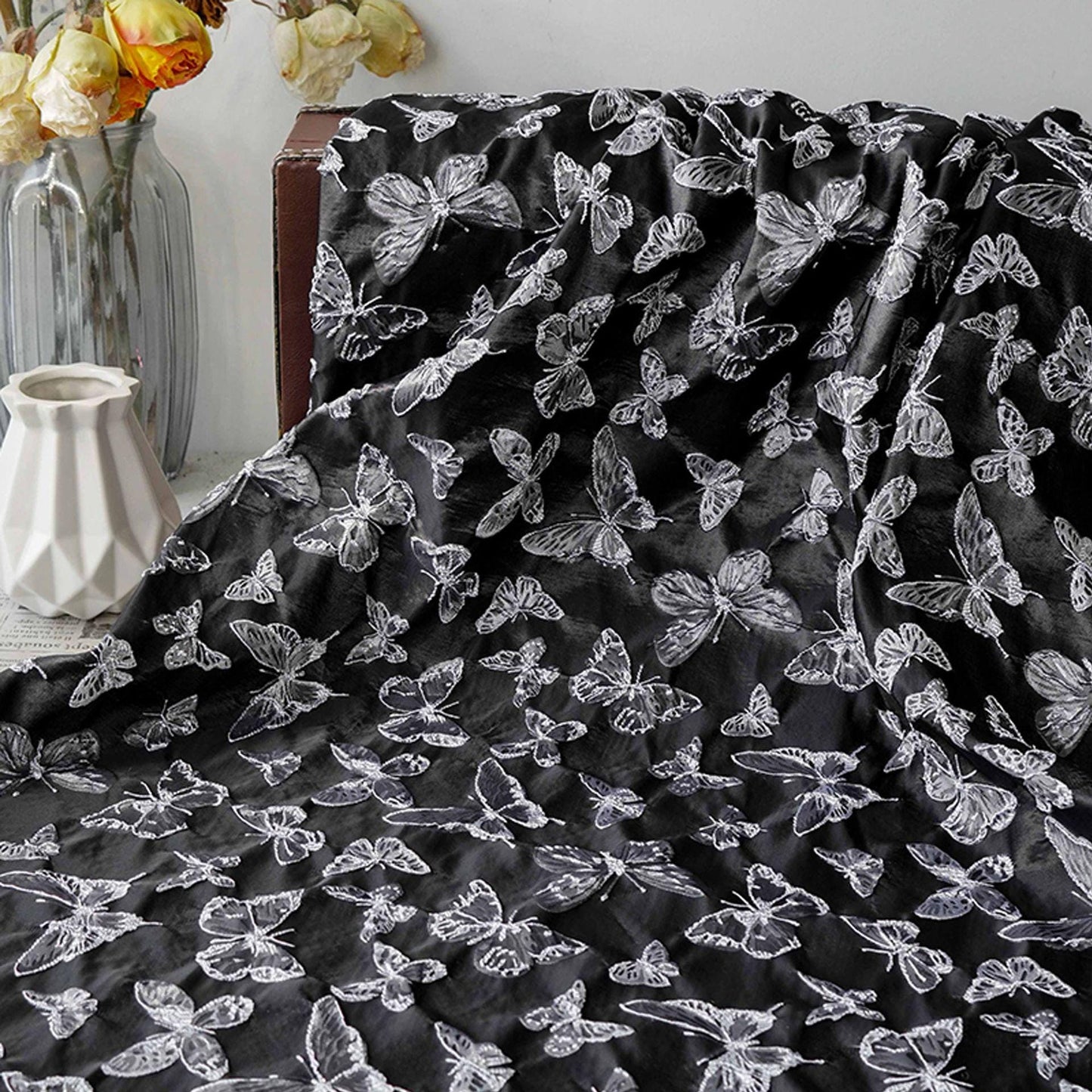 Black 3D Butterfly Jacquard Fabric: Upholstery, Drapery, Wall Decor - 55" Wide