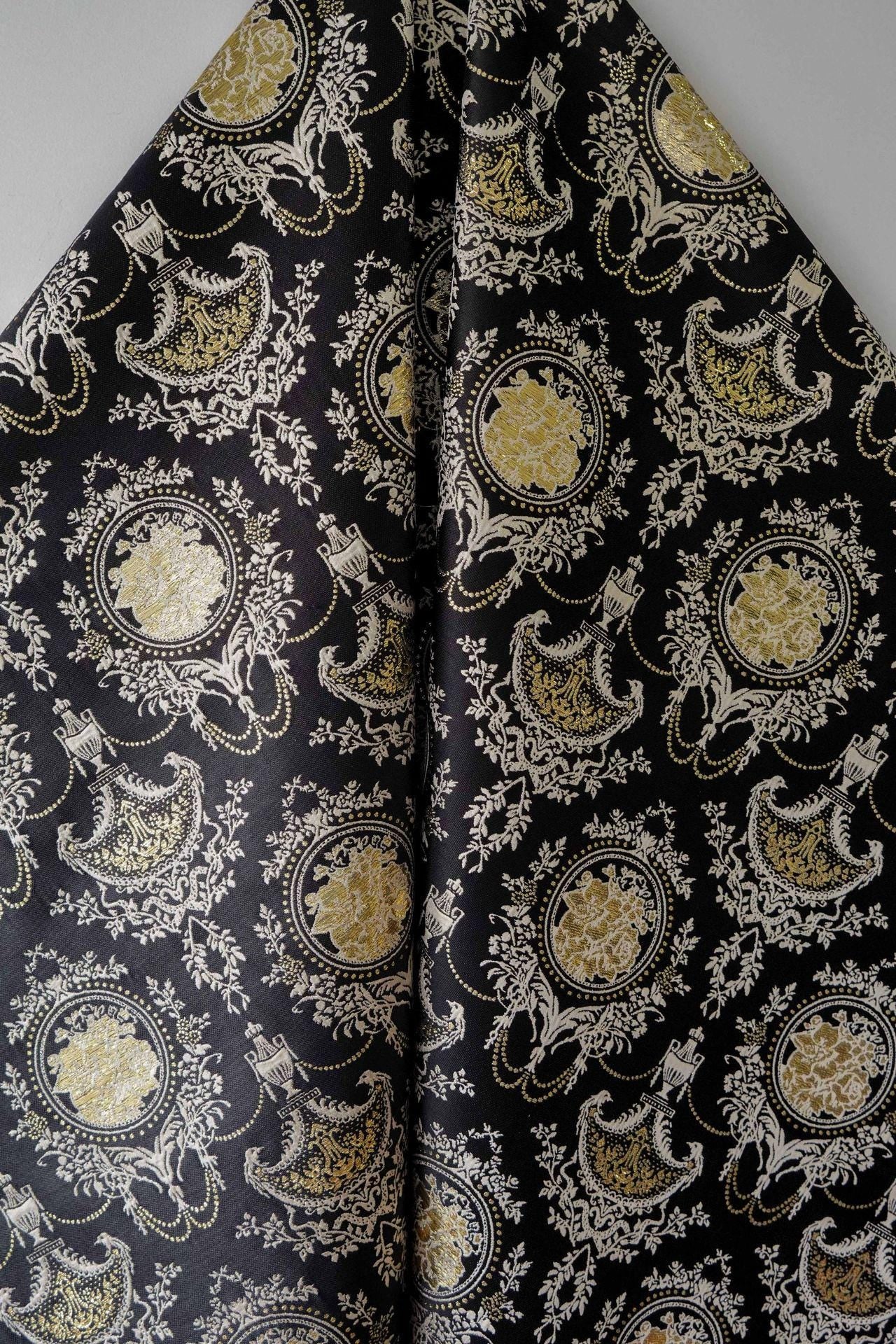 Black Gold Floral Jacquard Fabric: European Court Style Upholstery, Dresses, Decor (57" Wide, Meter)