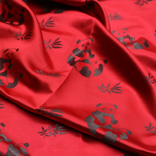 Tissu satiné brodé Panda : tissu de couture chinois à motifs de feuilles de bambou (largeur 45")