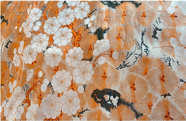 Japanese Nishijin Silk Brocade Fabric: Orange Frangipani Damask (29.5"W)