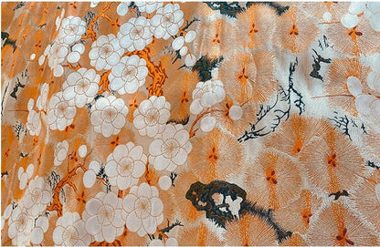 Japanese Nishijin Silk Brocade Fabric: Orange Frangipani Damask (29.5"W)