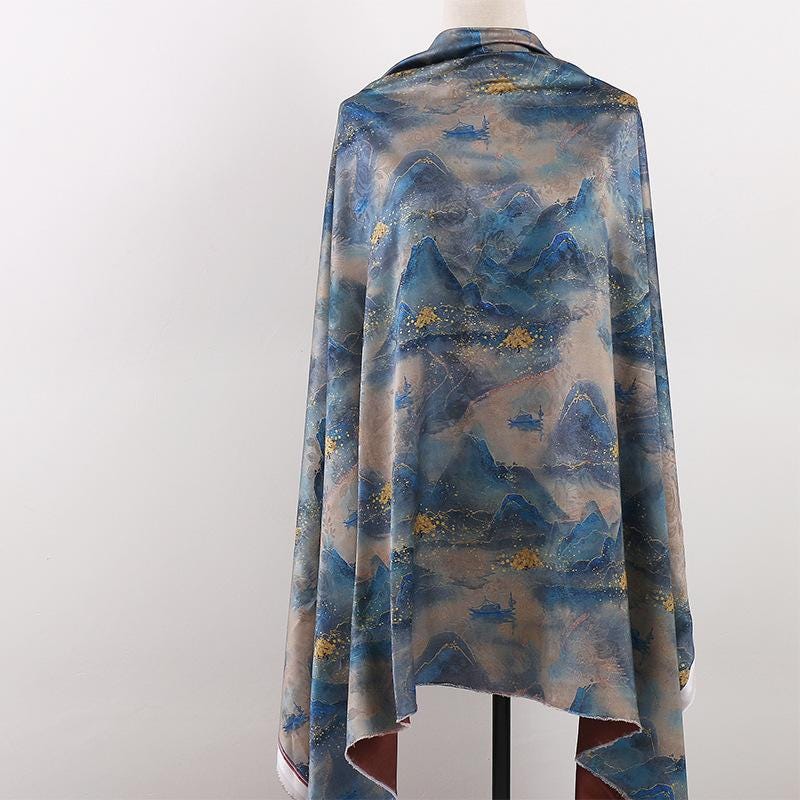 Ancient Painting Tea Silk Satin Fabric: 59"W Digital Print Drapery