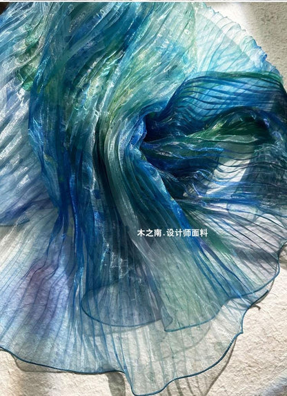 Smudged Sea Wave Organza Fabric: Accordion Pleated Laser Design, 55" Wide