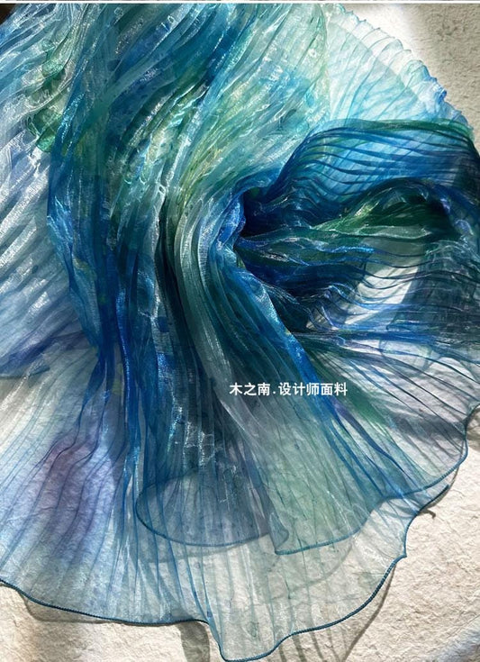 Smudged Sea Wave Organza Fabric: Accordion Pleated Laser Design, 55" Wide