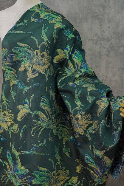 Dark Green Floral Jacquard Fabric with Gold Thread - 55" Wide - By The Yard