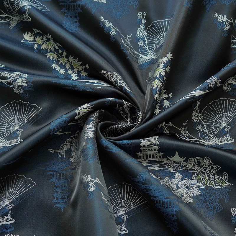 Jacquard Fabric: Ancient Fan Pattern Silk Rayon Blend, 67"W