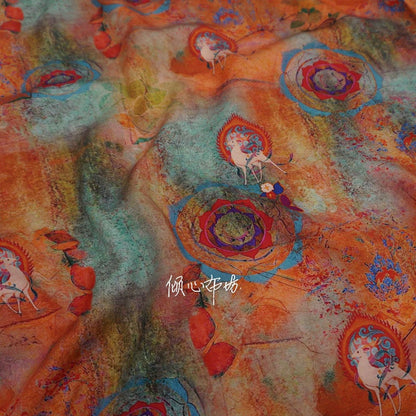 Nine-Color Deer Cotton Fabric: Dunhuang Style Upholstery, Costume, Scarf (57"W)