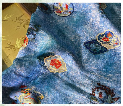 Dragon Phoenix Jacquard Rayon Silk Fabric ��"W, Luxurious Quilting Material