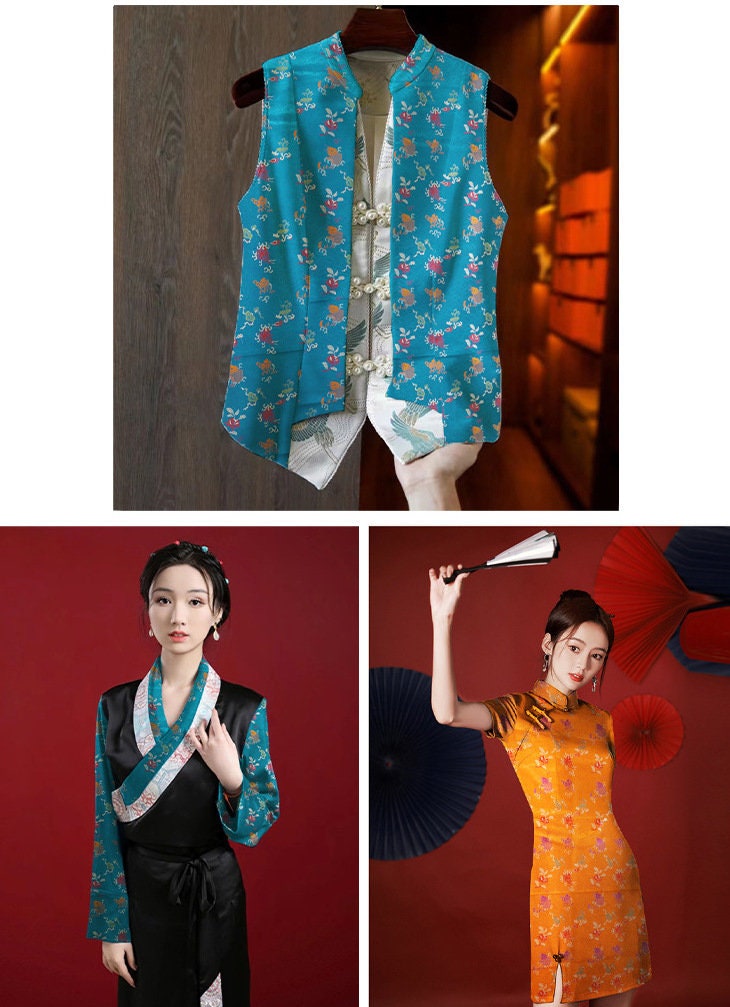 Tissu brocart bleu sarcelle : robe jacquard mongole chinoise en rayonne, 75 cm de large