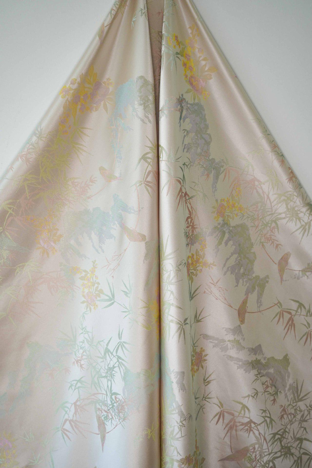 Bamboo Leaf Brocade Fabric: Japanese Bird & Butterfly Silk, 59"W