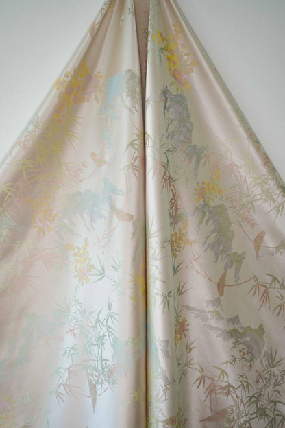Bamboo Leaf Brocade Fabric: Japanese Bird & Butterfly Silk, 59"W