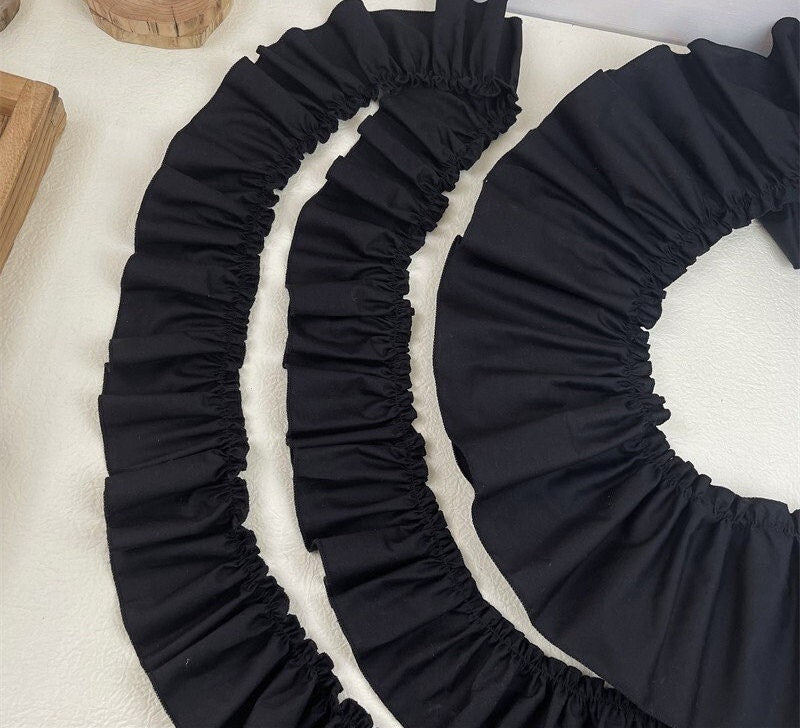 Black Cotton Ruffle Fabric Trim: DIY Doll Clothing, Decor - 3" Width