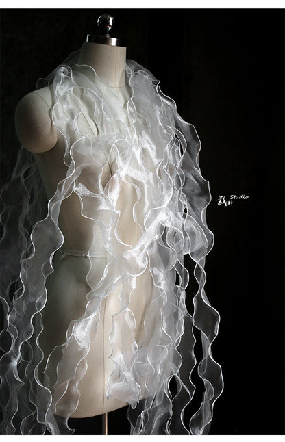 Tissu organza à volants sirène : bordure en dentelle 3D irisée, 5 cm de large