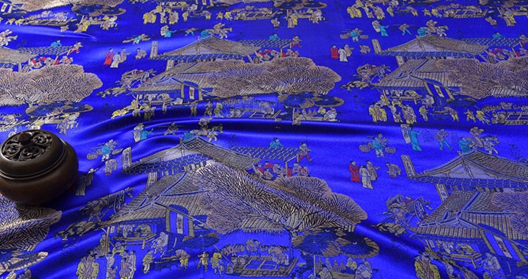 River on the Qingming Festival Brocade Fabric: 59"W Chinese Painting Silk Rayon