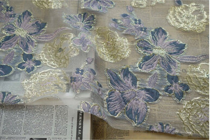 Blue & Gold Floral Organza Jacquard Fabric - 56" Wide