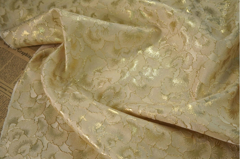 Gold Ginkgo Jacquard Fabric: Beige Costume Dress Satin (59"W)